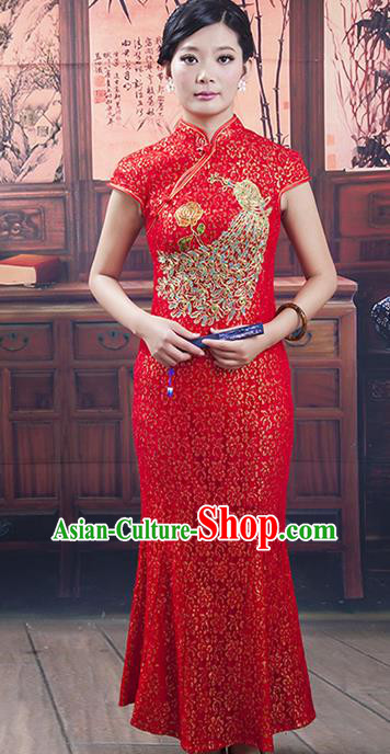 Traditional Chinese National Costume Red Wedding Qipao, China Ancient Cheongsam Phoenix Chirpaur Dress for Women