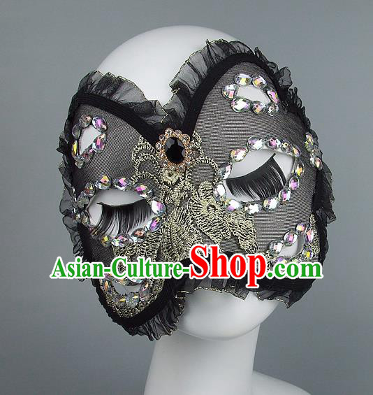 Top Grade Handmade Exaggerate Fancy Ball Model Show Black Veil Mask, Halloween Ceremonial Occasions Face Mask
