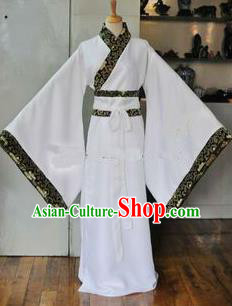 Asian China Ancient Han Dynasty Scholar Costume, Traditional Chinese Hanfu Embroidered White Robe Clothing for Men