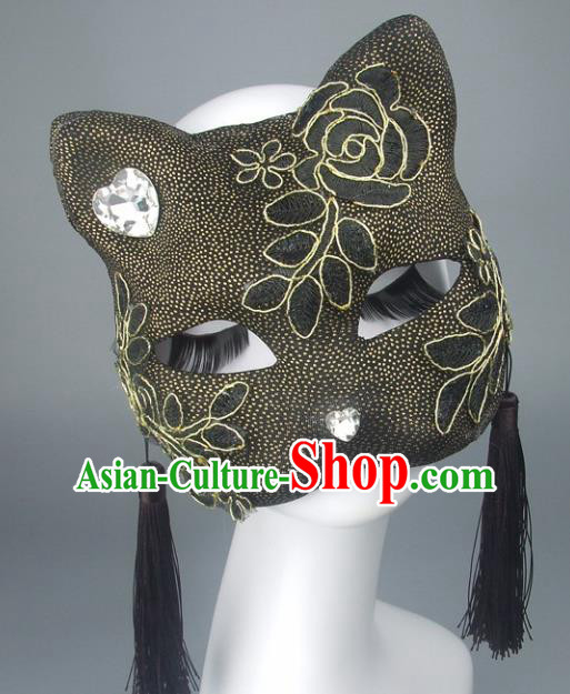 Handmade Halloween Fancy Ball Accessories Cat Black Tassel Mask, Ceremonial Occasions Miami Face Mask