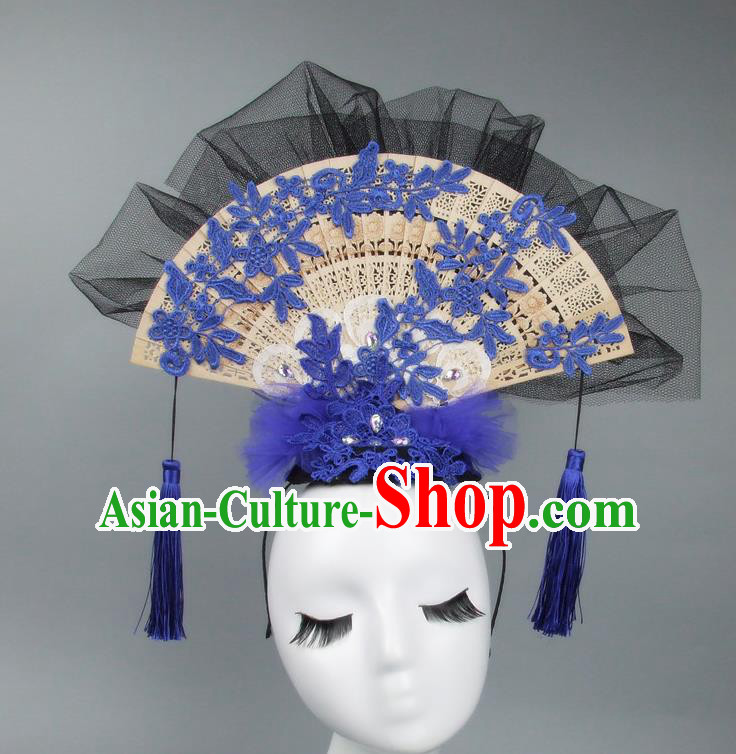 Handmade Asian Chinese Fan Hair Accessories Blue Lace Headwear, Halloween Ceremonial Occasions Miami Model Show Tassel Headdress