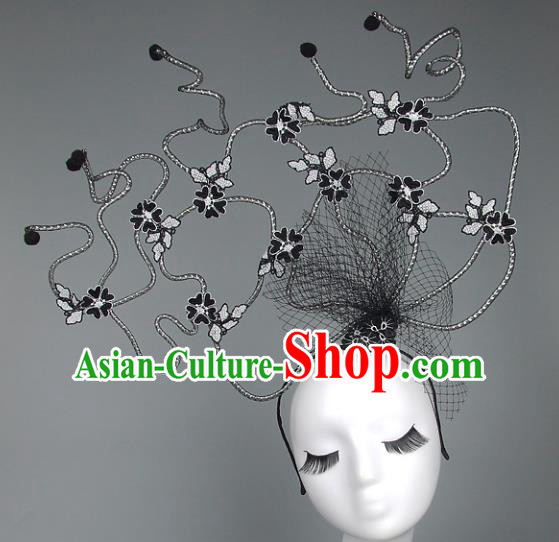 Handmade Halloween Fancy Ball Hair Accessories Black Veil Headwear, Ceremonial Occasions Miami Model Show Headdress