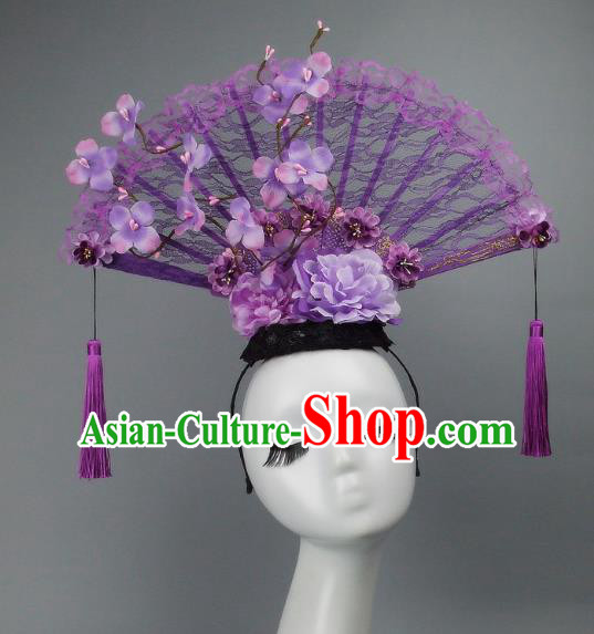 Handmade Asian Chinese Fan Hair Accessories Purple Lace Tassel Headwear, Halloween Ceremonial Occasions Manchu Model Show Headdress