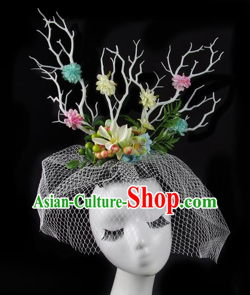 Handmade Exaggerate Fancy Ball Hair Accessories Flowers Branch Headwear, Halloween Ceremonial Occasions Model Show Headdress