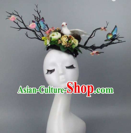 Handmade Exaggerate Fancy Ball Hair Accessories Branch Butterfly Headwear, Halloween Ceremonial Occasions Model Show Headdress