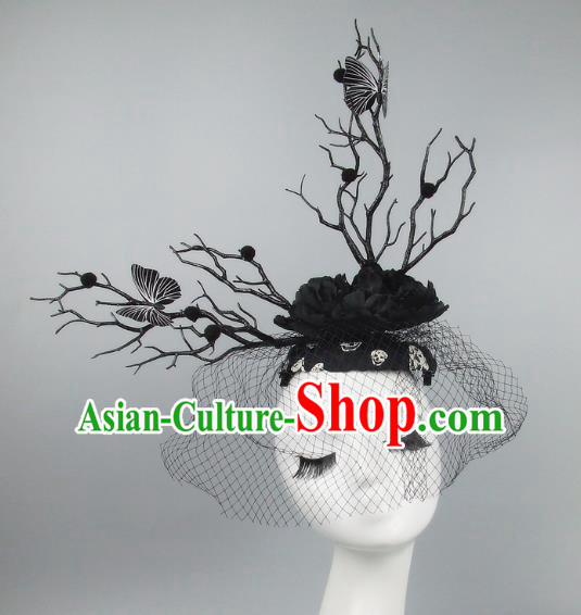 Handmade Exaggerate Fancy Ball Hair Accessories Branch Black Top Hat, Halloween Ceremonial Occasions Model Show Headdress