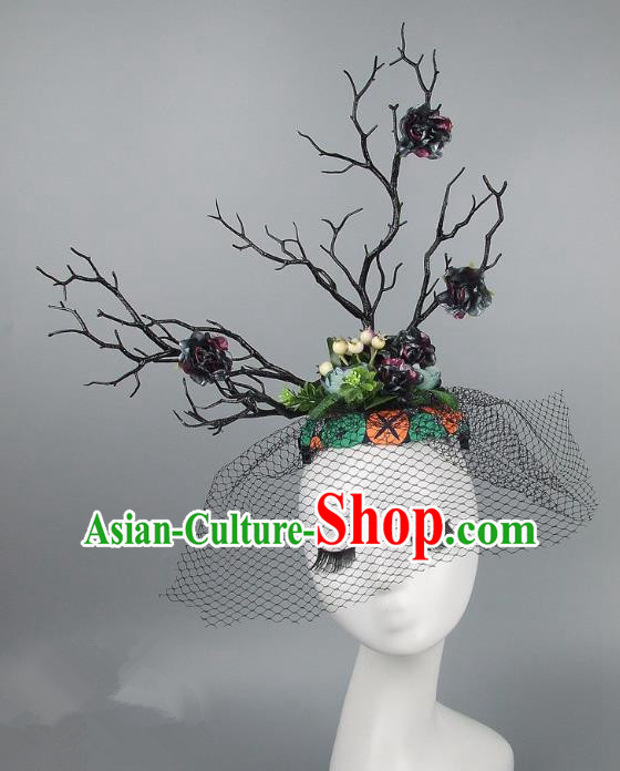 Handmade Exaggerate Fancy Ball Hair Accessories Branch Colorful Top Hat, Halloween Ceremonial Occasions Model Show Headdress