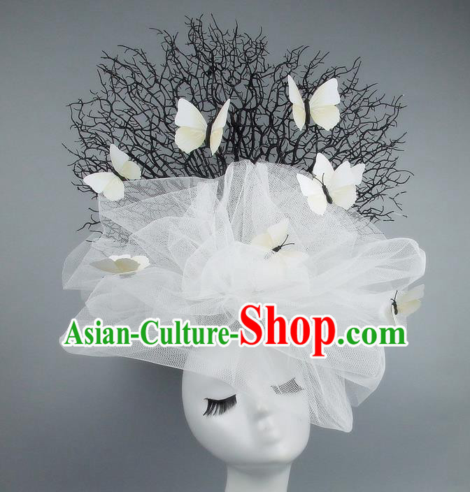 Handmade Exaggerate Fancy Ball Hair Accessories White Veil Butterfly Headwear, Halloween Ceremonial Occasions Model Show Headdress