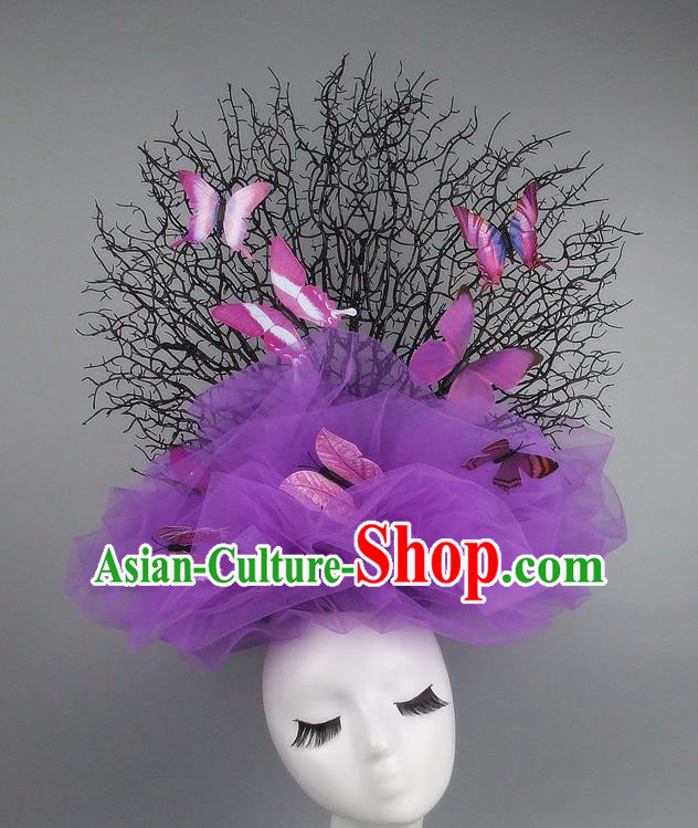 Handmade Exaggerate Fancy Ball Hair Accessories Purple Veil Butterfly Headwear, Halloween Ceremonial Occasions Model Show Headdress