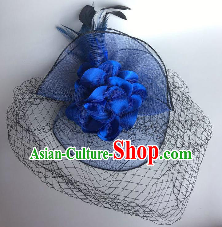 Handmade Vintage Hair Accessories Blue Veil Feather Headwear, Halloween Ceremonial Occasions Model Show Headdress