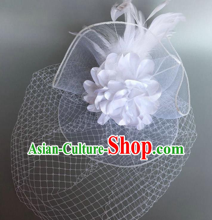 Handmade Vintage Hair Accessories White Veil Feather Headwear, Halloween Ceremonial Occasions Model Show Headdress