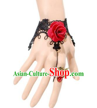 Handmade Exaggerate Fancy Ball Accessories Black Lace Bracelets, Halloween Ceremonial Occasions Vintage Red Rose Chain Bracelet