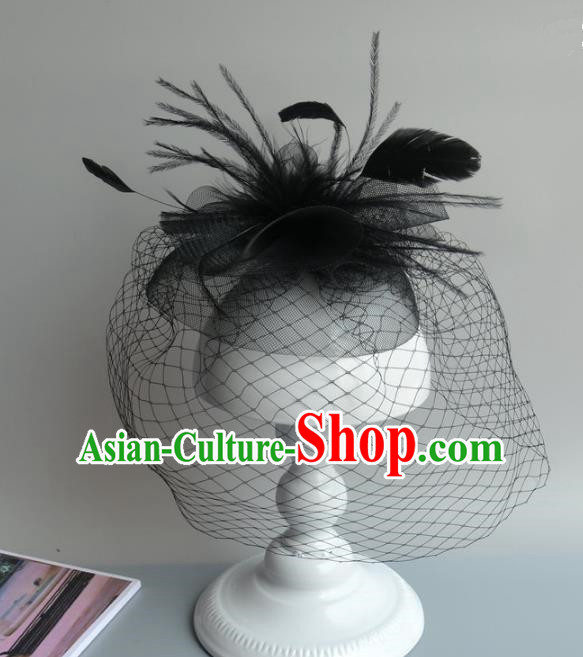 Handmade Baroque Hair Accessories Black Veil Feather Headwear, Bride Ceremonial Occasions Vintage Top Hat for Women