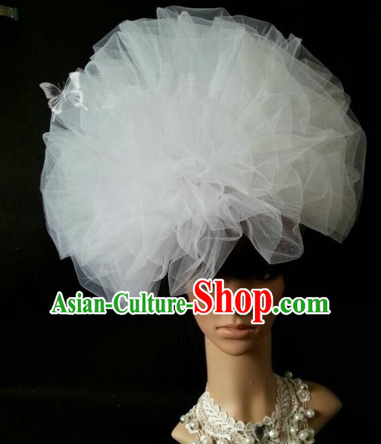 Handmade Baroque Wedding Hair Accessories White Veil Headwear, Bride Ceremonial Occasions Vintage Hair Clasp for Women