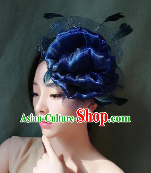 Handmade Baroque Hair Accessories Model Show Blue Feather Hair Stick, Bride Ceremonial Occasions Headwear for Women