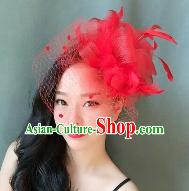 Handmade Baroque Hair Accessories Red Feather Headwear, Bride Ceremonial Occasions Veil Headpiece for Women