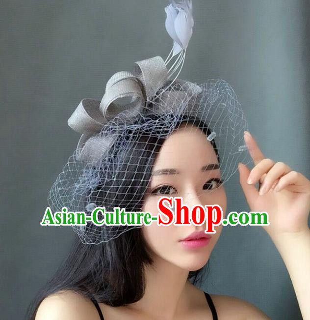 Handmade Baroque Hair Accessories Grey Feather Headwear, Bride Ceremonial Occasions Veil Hat for Women