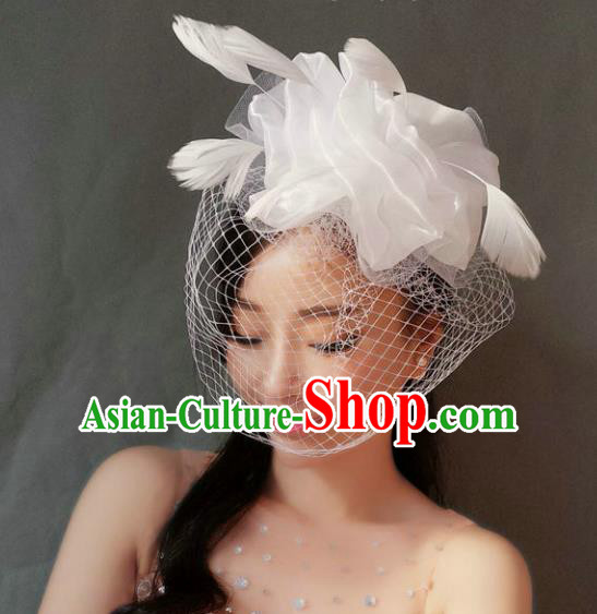 Handmade Baroque Hair Accessories White Veil Mask, Bride Ceremonial Occasions Exaggerate Feather Hair Clasp for Women