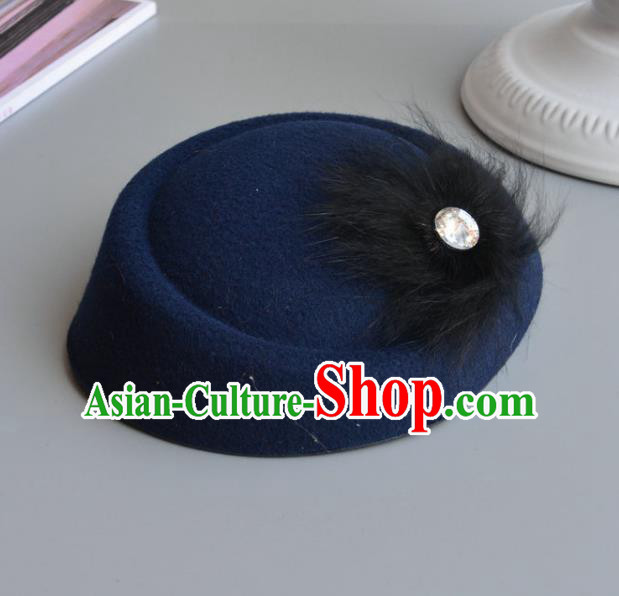 Top Grade Handmade Wedding Hair Accessories Bride Headwear, Baroque Style Navy Crystal Top Hat for Women