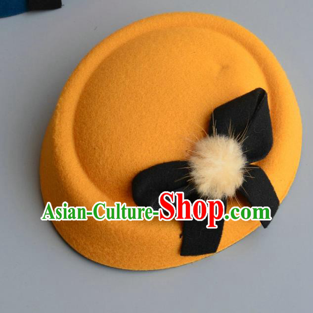 Top Grade Handmade Wedding Hair Accessories Bride Headwear, Baroque Style Yellow Bowknot Top Hat for Women