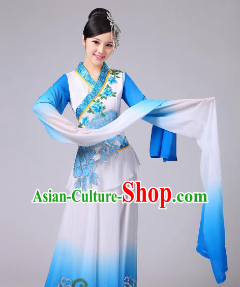 Traditional Chinese Classical Yangge Fan Dance Embroidered Costume, Folk Dance Uniform Classical Dance Water Sleeve Blue Clothing for Women