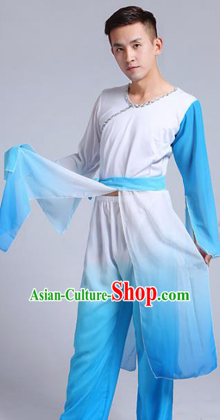 Traditional Chinese Classical Yangge Dance Costume, Folk Fan Dance Uniform Drum Dance Blue Clothing for Men
