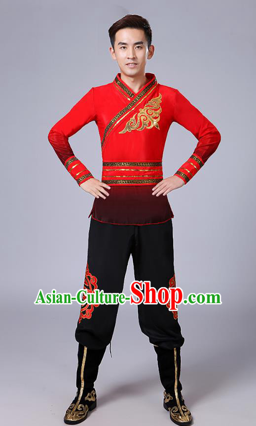 Traditional Chinese Classical Yangge Dance Embroidered Costume, Folk Fan Dance Uniform Drum Dance Red Clothing for Men