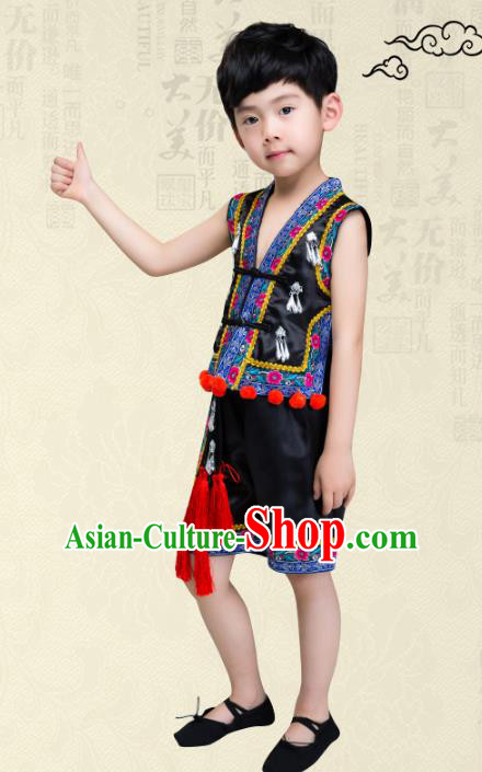 Traditional Chinese Miao Nationality Dance Costume, Children Folk Dance Ethnic Embroidery Black Clothing for Boys
