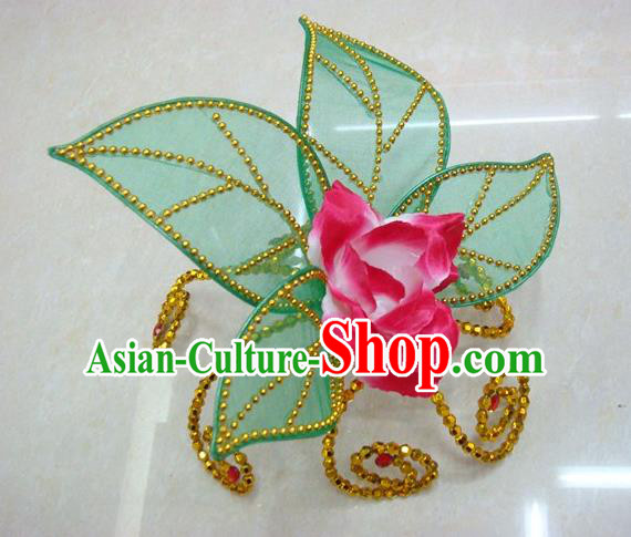 Top Grade Handmade Chinese Folk Dance Hair Accessories, China Yangge Fan Dance Rosy Flower Headwear for Women