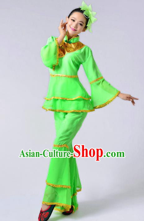 Traditional Chinese Yangge Fan Dance Mandarin Sleeve Costume, Folk Umbrella Dance Uniform Classical Dance Green Clothing for Women