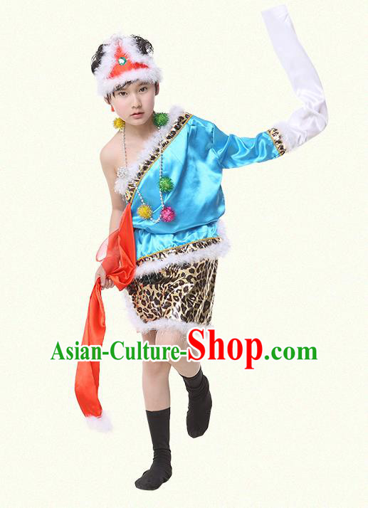 Traditional Chinese Zang Nationality Dance Costume, Children Tibetan Folk Dance Embroidery Blue Clothing for Boys