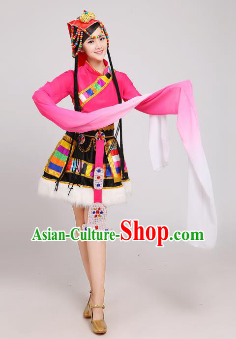 Traditional Chinese Zang Nationality Dance Costume, China Tibetan Minority Embroidery Water Sleeve Pink Dress for Women