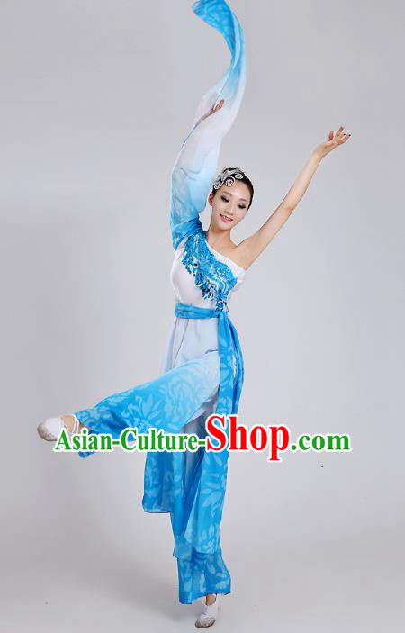 Traditional Chinese Yangge Dance Embroidered Blue Water Sleeve Costume, Folk Fan Dance Uniform Classical Umbrella Dance Clothing for Women