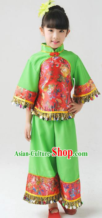 Traditional Chinese Classical Yangge Dance Embroidered Costume, Folk Dance Uniform Drum Dance Green Clothing for Kids