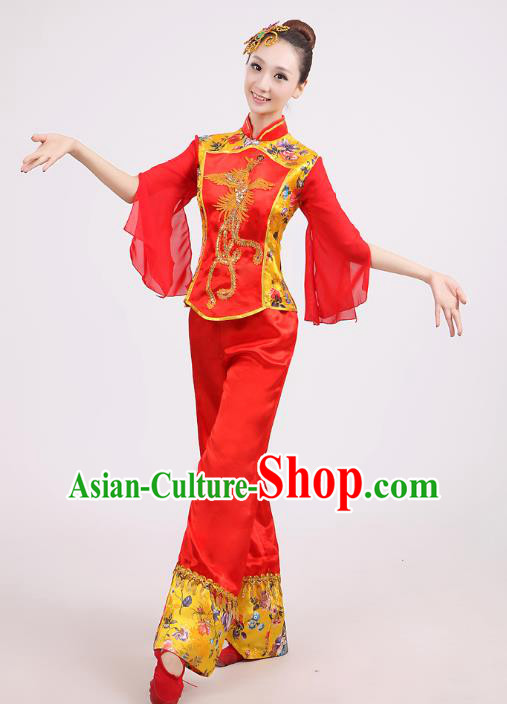 Traditional Chinese Yangge Dance Red Costume, Folk Drum Dance Uniform Classical Dance Embroidery Clothing for Women