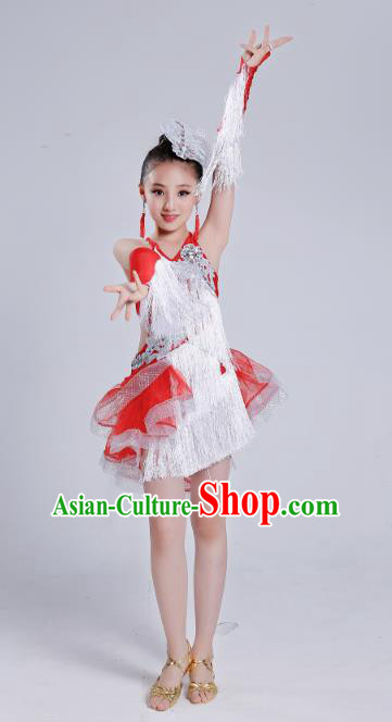 Top Grade Modern Dance Latin Dance Competition Costume, Opening Dance White Tassel Dress for Kids