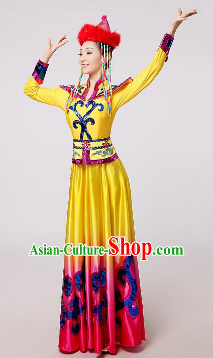 Traditional Chinese Mongol Nationality Dance Costume Yellow Mongolian Robe, China Minority Embroidery Dress Clothing for Women