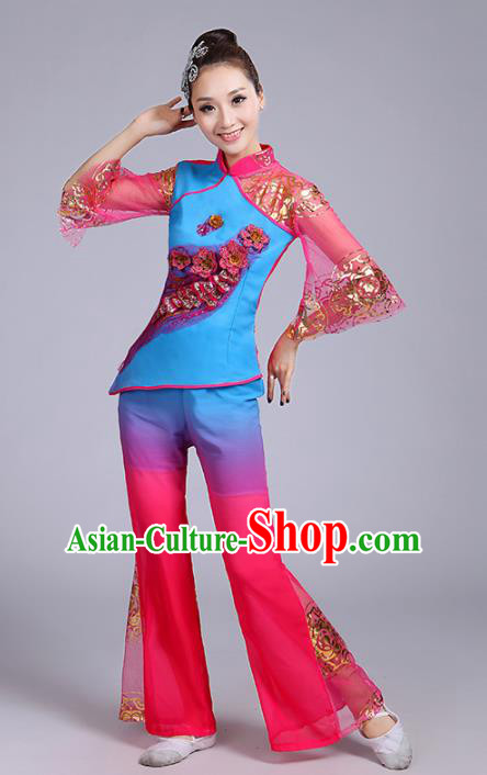 Traditional Chinese Classical Yanko Dance Embroidered Peacock Blue Costume, Folk Yangge Dance Uniform Drum Dance Clothing for Women