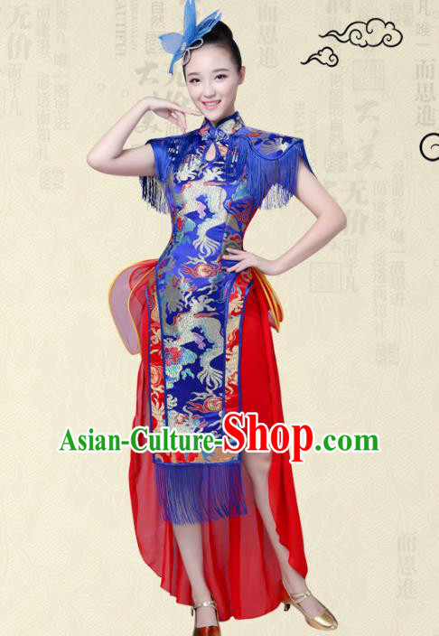 China Modern Dance Professional Chorus Competition Costume Blue Cheongsam, Opening Jazz Dance Embroidered Dress for Women