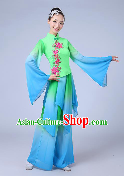 Traditional Chinese Yangge Dance Embroidered Green Costume, Folk Fan Dance Uniform Classical Drum Dance Clothing for Women