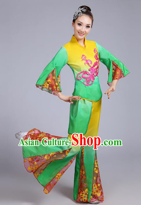 Traditional Chinese Classical Yanko Dance Embroidered Green Costume, Folk Yangge Dance Mandarin Sleeve Uniform Drum Dance Clothing for Women