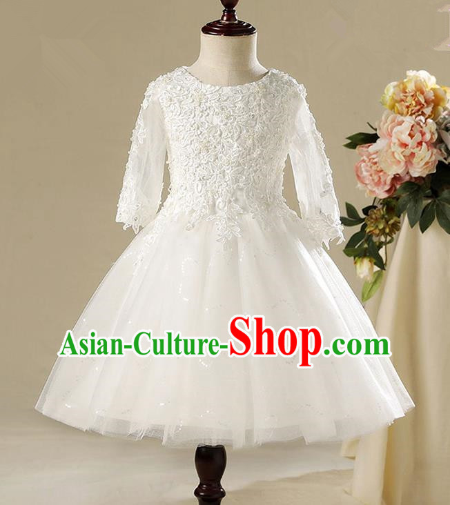 Children Modern Dance Flower Fairy Costume, Classic Chorus Group Clothing Princess White Bubble Veil Short Dress for Girls