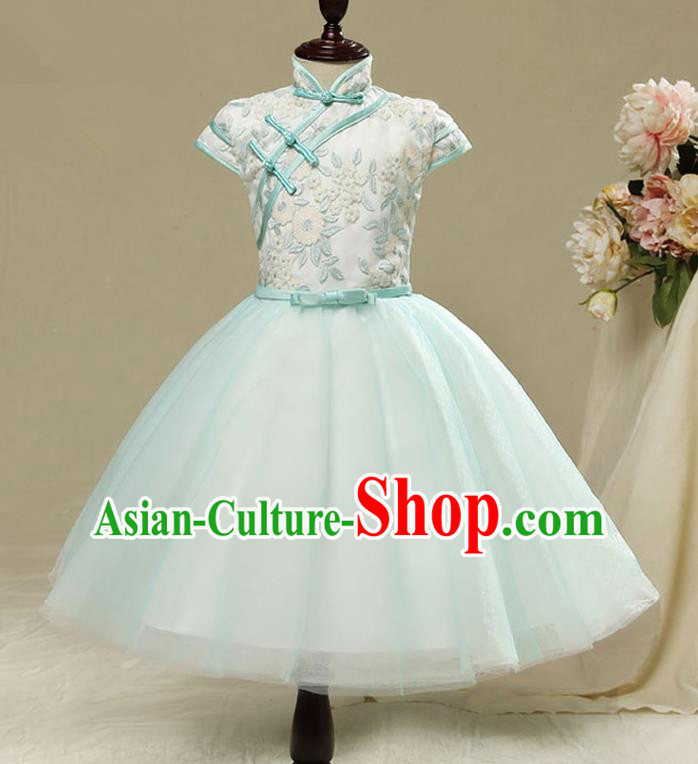 Children Modern Dance Flower Fairy Costume, Chorus Group Clothing Princess Cheongsam Green Bubble Veil Short Dress for Girls