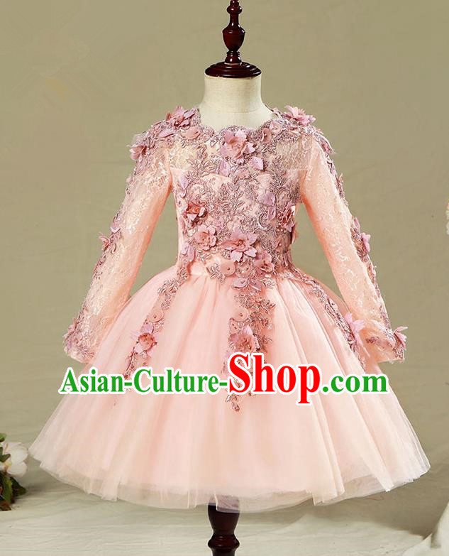 Children Modern Dance Flower Fairy Costume Pink Bubble Dress, Performance Model Show Clothing Princess Veil Short Full Dress for Girls
