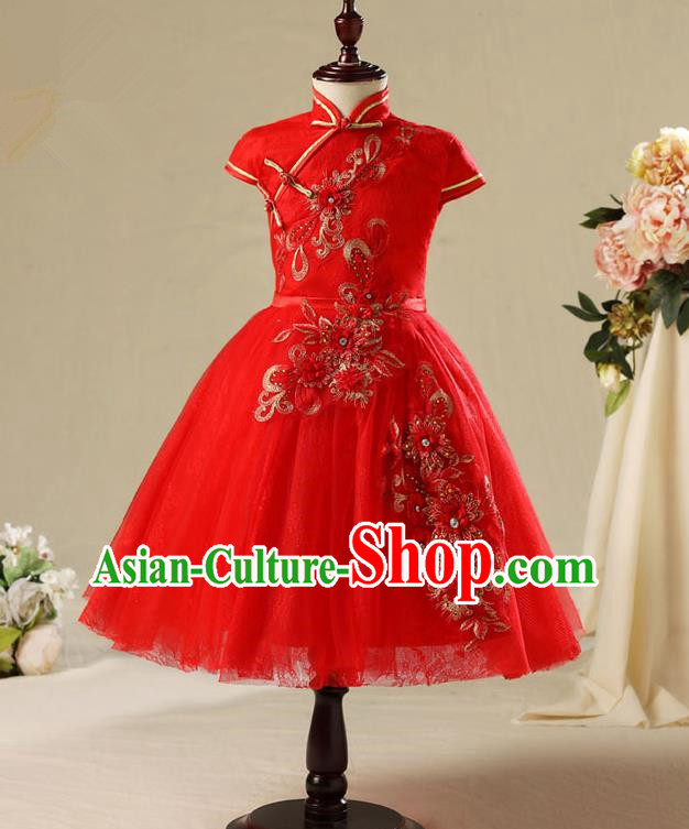 Children Modern Dance Costume Red Cheongsam, Ceremonial Occasions Model Show Princess Veil Full Dress for Girls