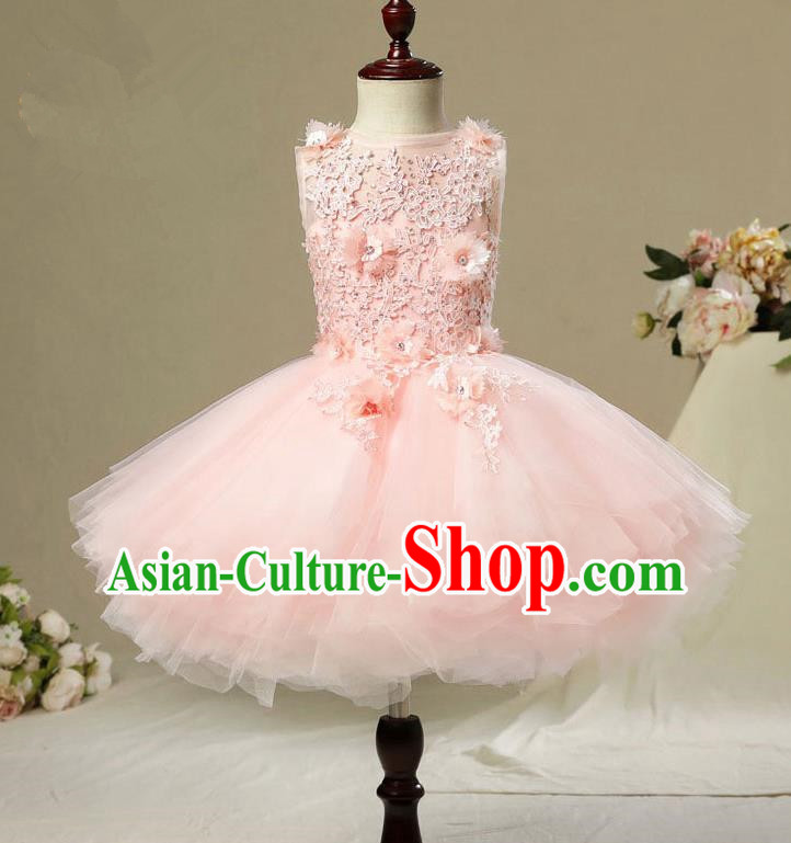 Children Modern Dance Costume Pink Short Bubble Dress, Ceremonial Occasions Model Show Princess Veil Full Dress for Girls