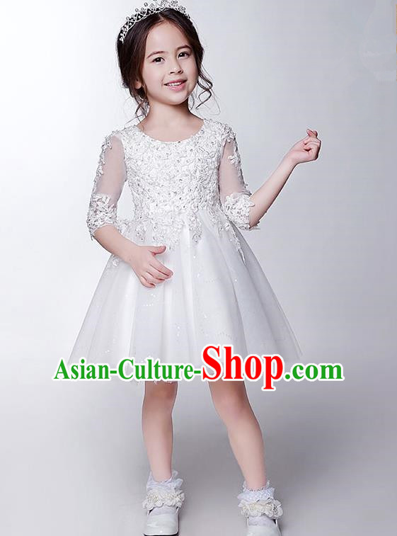 Children Modern Dance Costume White Beading Embroidery Dress, Ceremonial Occasions Model Show Princess Veil Short Full Dress for Girls
