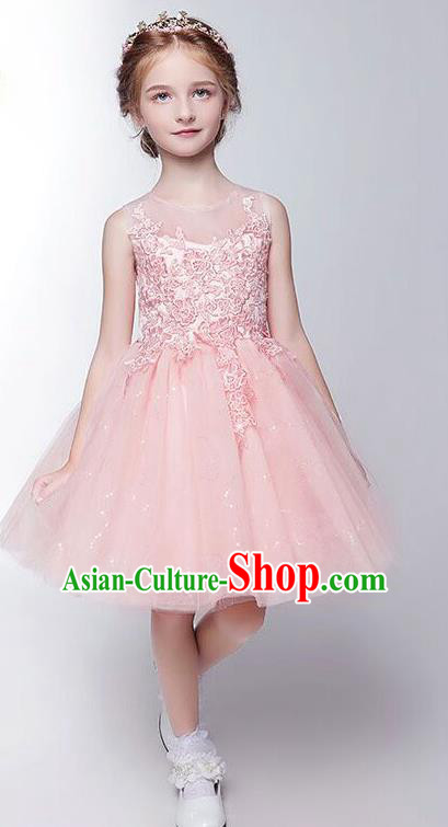 Children Modern Dance Costume Embroidery Christmas Pink Veil Bubble Dress, Ceremonial Occasions Performance Princess Short Full Dress for Girls