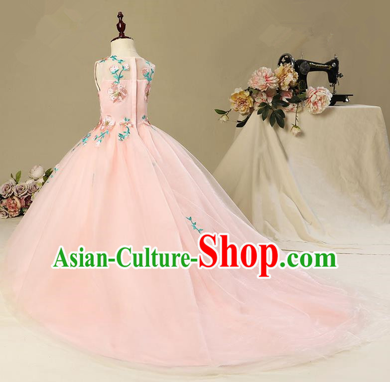 Children Model Show Dance Costume Embroidery Christmas Pink Trailing Dress, Ceremonial Occasions Catwalks Princess Full Dress for Girls