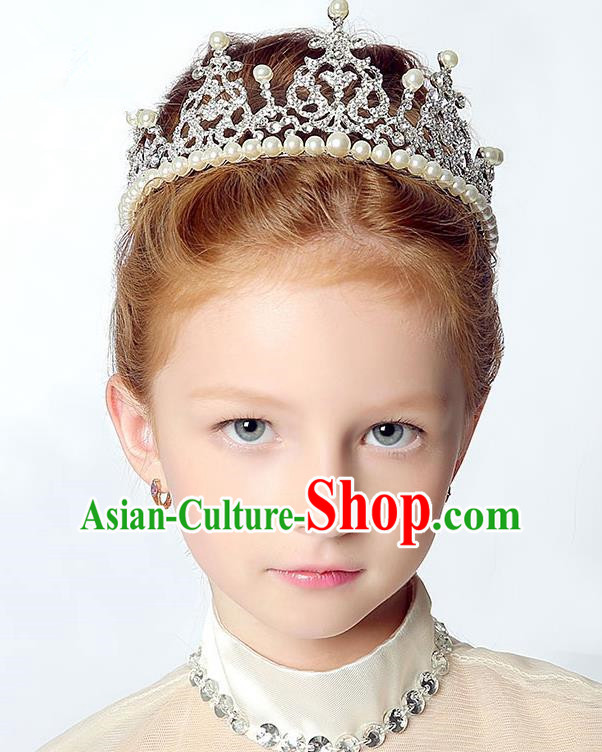 Handmade Children Hair Accessories Crystal Pearls Royal Crown, Princess Halloween Model Show Headwear for Kids